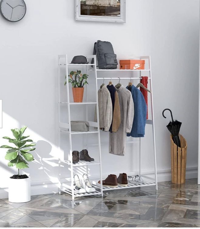 Free Standing Hall Tree With Shelves (White)