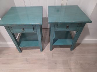 Set of Teal Distressed Wood Side Table with Drawer