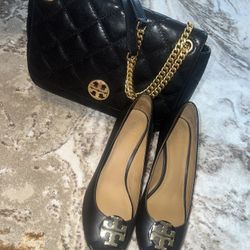 TORY BURCH BLACK AND GOLD BAG AND HEELS