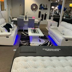 Leather White Reclining Sofa & Loveseat Set w/ Blue LED $10 Down