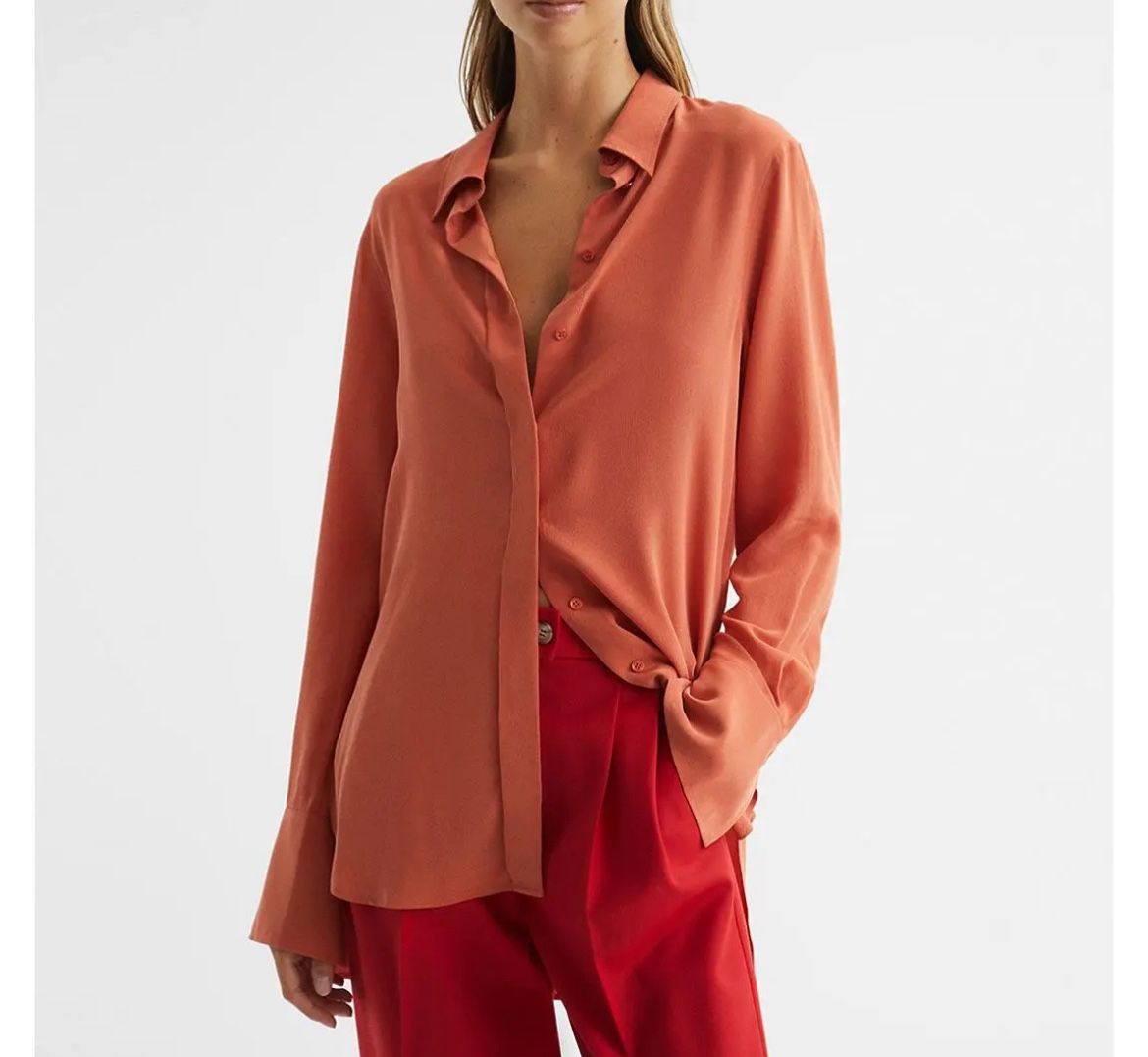 Reiss Eden matte silk orange long sleeve tunic blouse 0