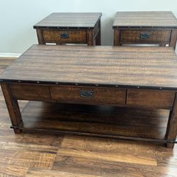Jofran Cassidy Brown Rustic Plank Top Coffee Table Pull-Thru Drawer 2x End Side Tables