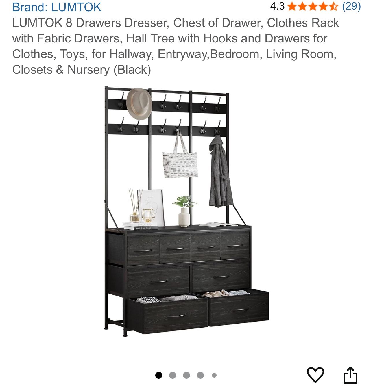 LUMTOK 8 Drawers Dresser, Chest of Drawer, Clothes Rack with Fabric Drawers, Hall Tree with Hooks and Drawers for Clothes, Toys, for Hallway, Entryway