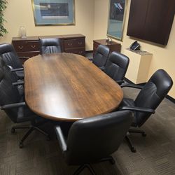 1.5" thick solid pecan wood conference table and leather chairs