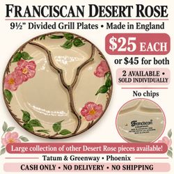 Franciscan Desert Rose 9.5” Divided Grill Plates – $25 Each – 2 Available