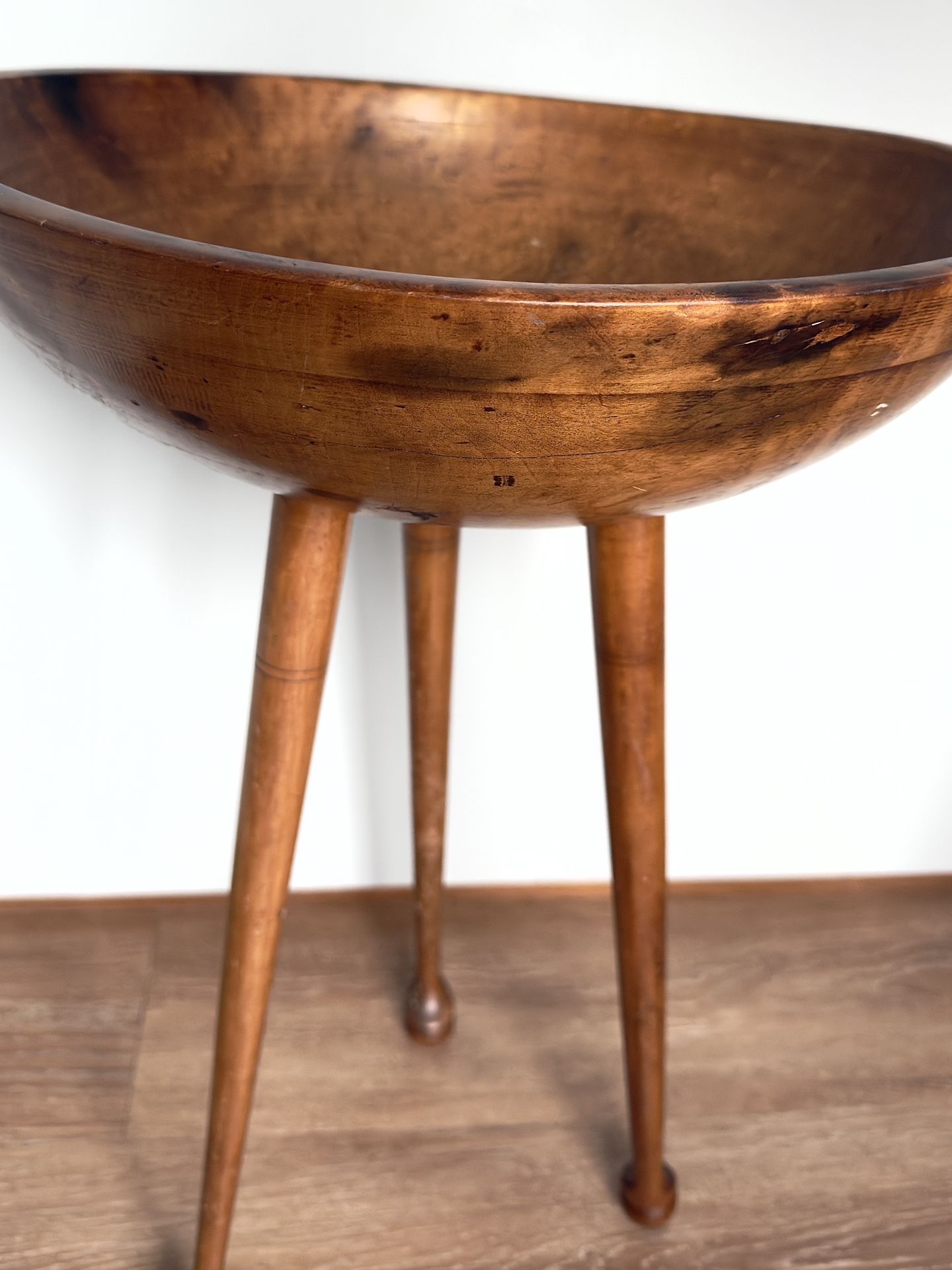 Rare Antique, Primitive 19th Century American Dough or Yarn Bowl On Tripod Stand *Price Reduced