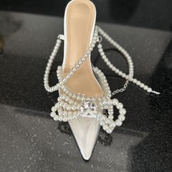 White Glam Pearl Shoes Small Heel, Wedding, Party