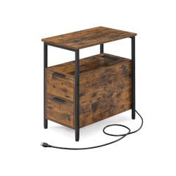 Side End Table with Charging Station, Slim Nightstand with 2 Drawers, Narrow Bedside Table for Living Room, Small Spaces, Rustic Brown and Ink Black U