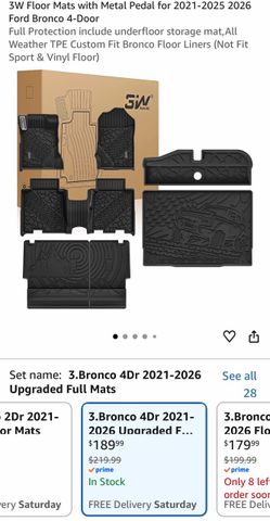 3W Floor Mats with Metal Pedal for 2021-2025 2026 Ford Bronco 4-Door Full Protection include underfloor storage mat,All Weather TPE Custom Fit Bronco 