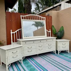 Bedroom Set Dresser Mirror Nightstands Headboard Vintage MCM Retro Tiki Tropical Coastal Bamboo