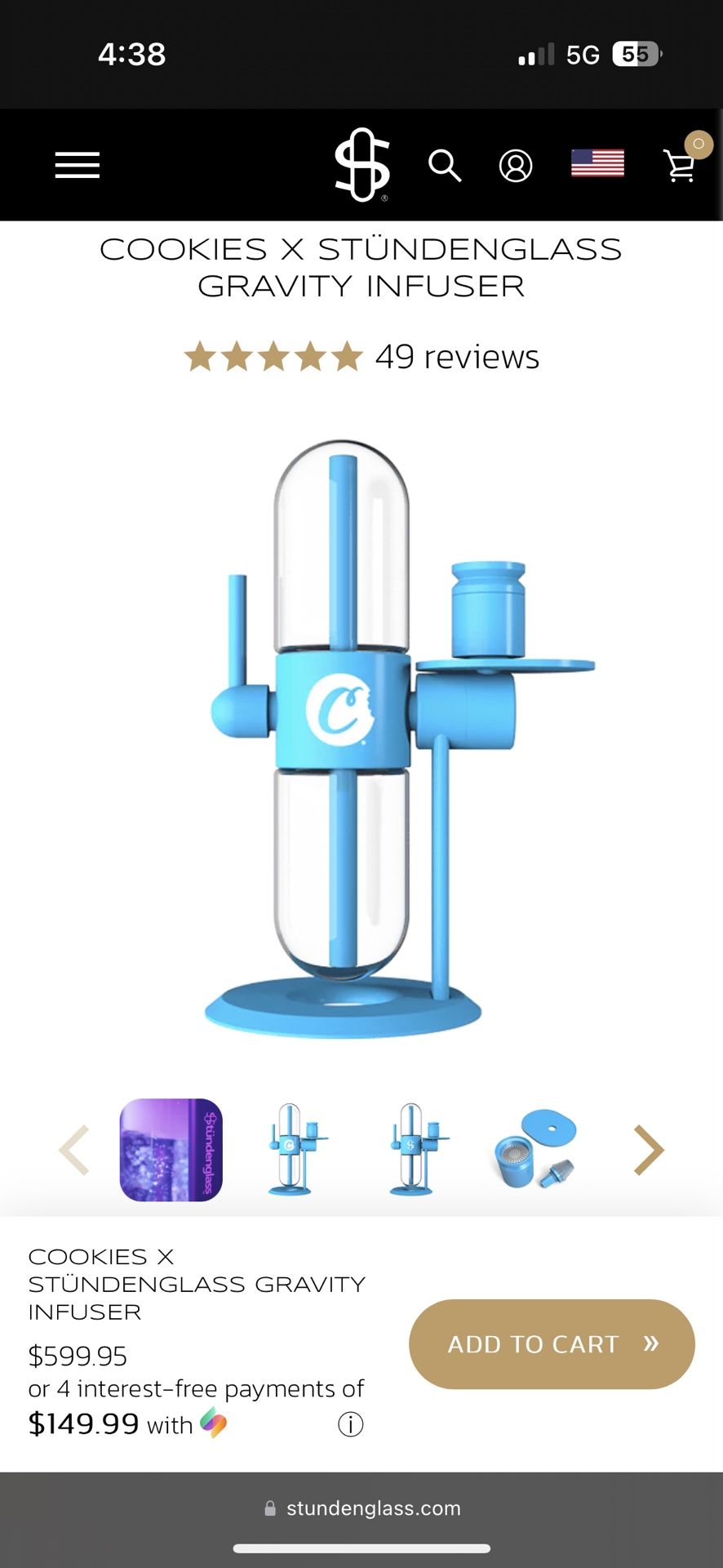 Cookies x Stündenglass Gravity Infuser Metal Complete Set 15" Tall with 360 Rotating Glass