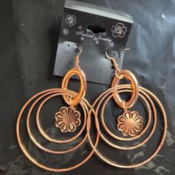 Rose Gold Tone Layered Hoop Dangle Earrings Flower Charm Statement Boho