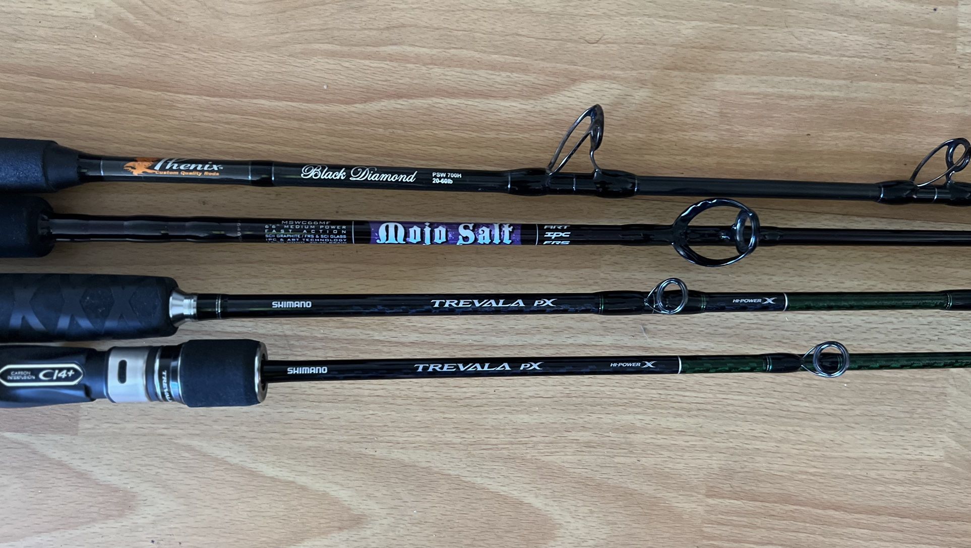 Phenix Black Diamond, Shimano Trevala, St. Croix Mojo Salt Rods. 