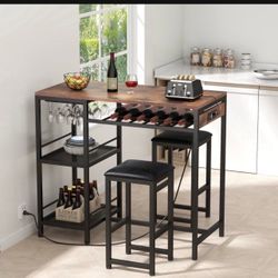 New in a sealed box last pictures are the actual pictures Bar Table and Chairs Set with Power Outlet, Pub Table and Chairs Set for 2 with 2 Storage Sh