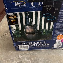 Alpine Corporation 27" Tall 2-Tier Barrel and Pump Waterfall Fountain, Bronze Finish