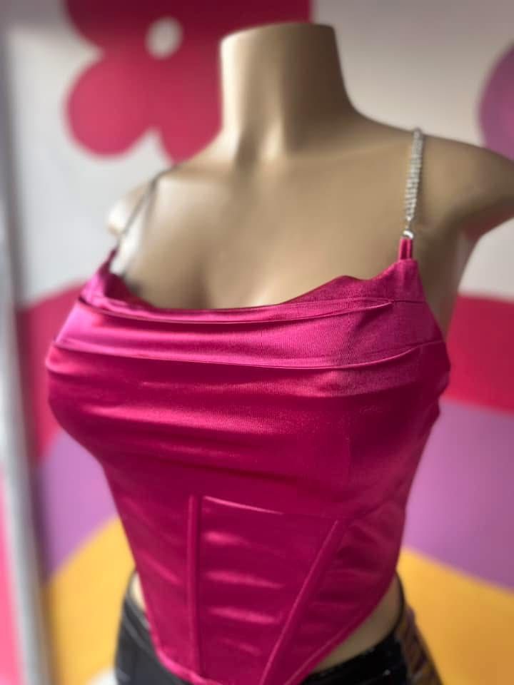 Dark Pink Satin Crop Top With Rhinestone Straps
