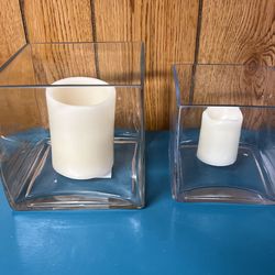 Lot of Two Square Clear Glass Vases, Candle Holders 6” and 5”