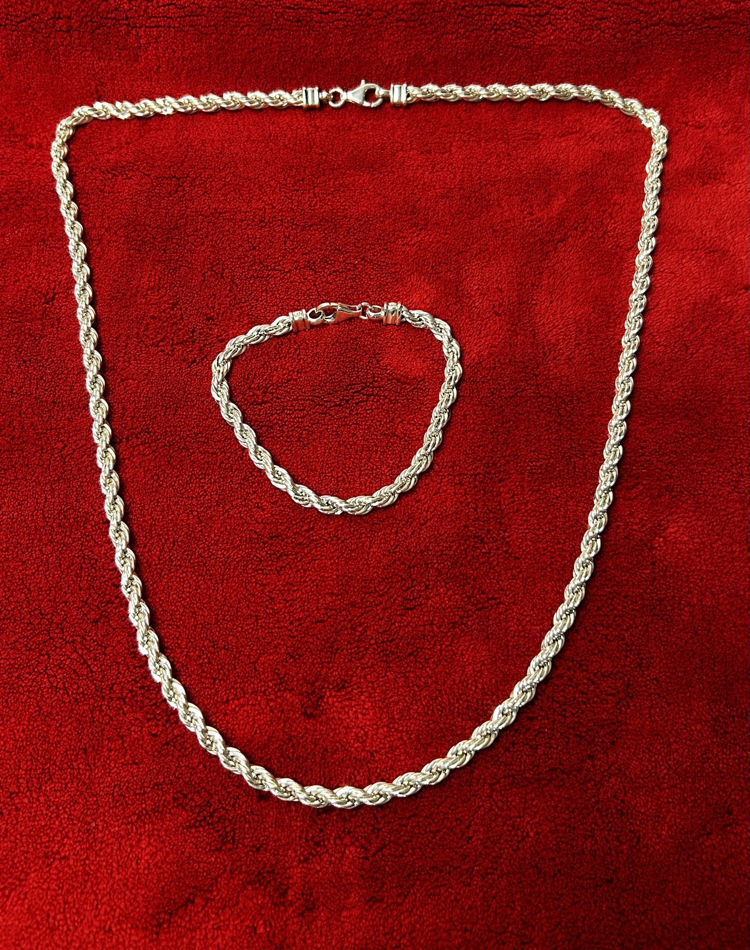 925 Sterling Silver Rope Chain Necklace And Bracelet Set