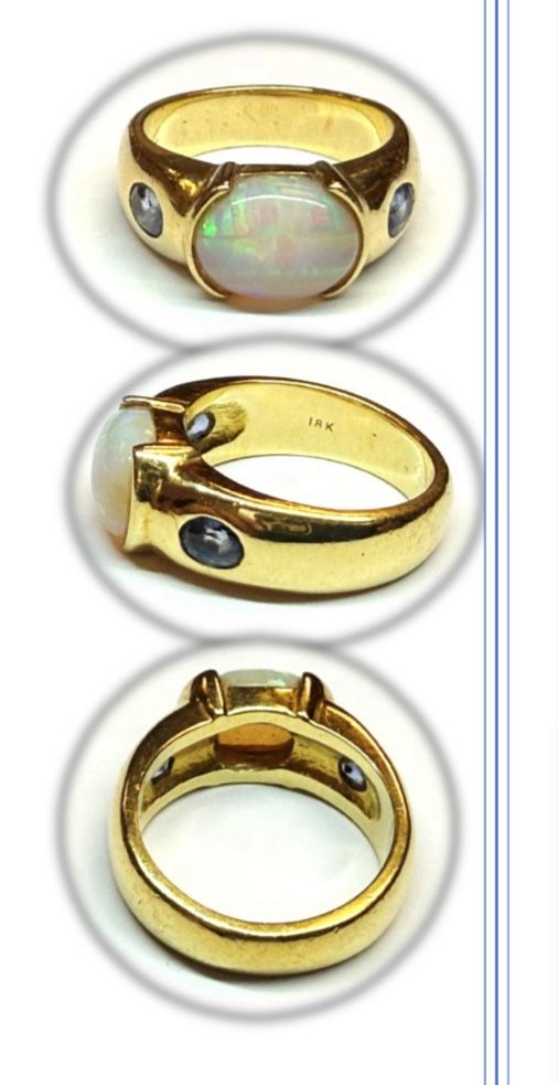 18K Yellow Gold Natural Opal & Sapphire Ring – Stunning Play-of-Color