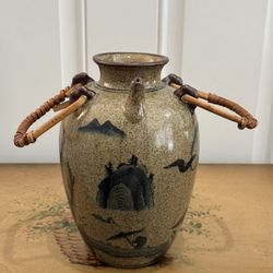 Vintage Post 1940 Stamped Asian Stoneware Ginger Jar Pagoda Scene w/Wood Handles 