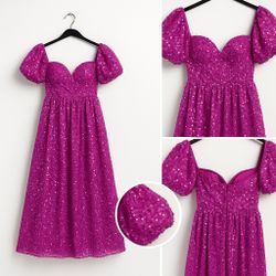 ✨ XS Fuchsia Sequin Gown – Off Shoulder Puffy Sleeve Sparkly Evening Dress | Formal Prom Bridesmaid Dress