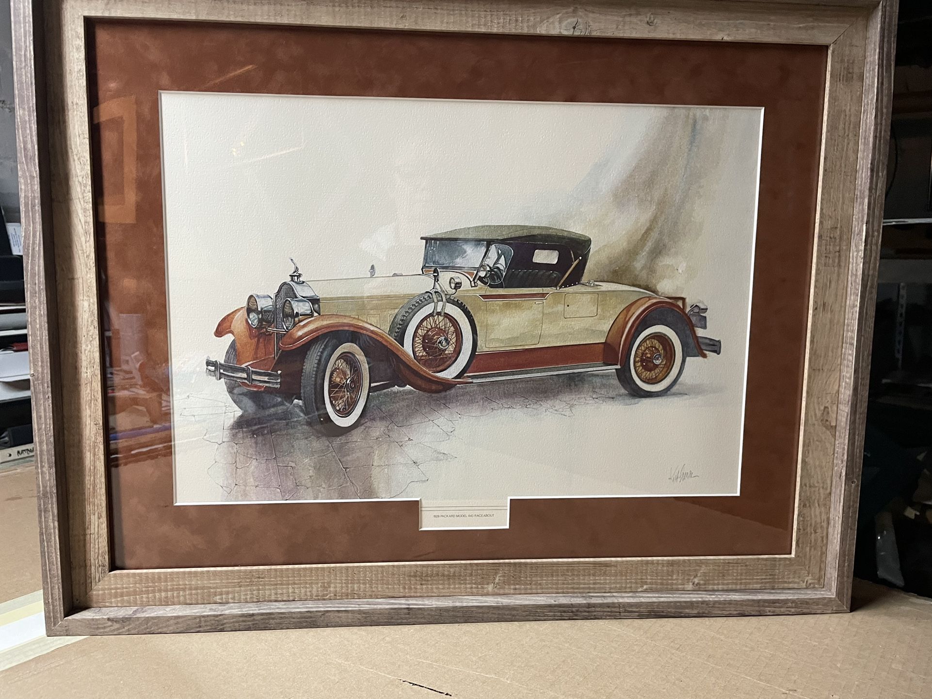 Custom Framed VINTAGE AUTOS-1928 PACKARD 443 “RACE ABOUT” and STUTZ BLACK HAWK LEMANS