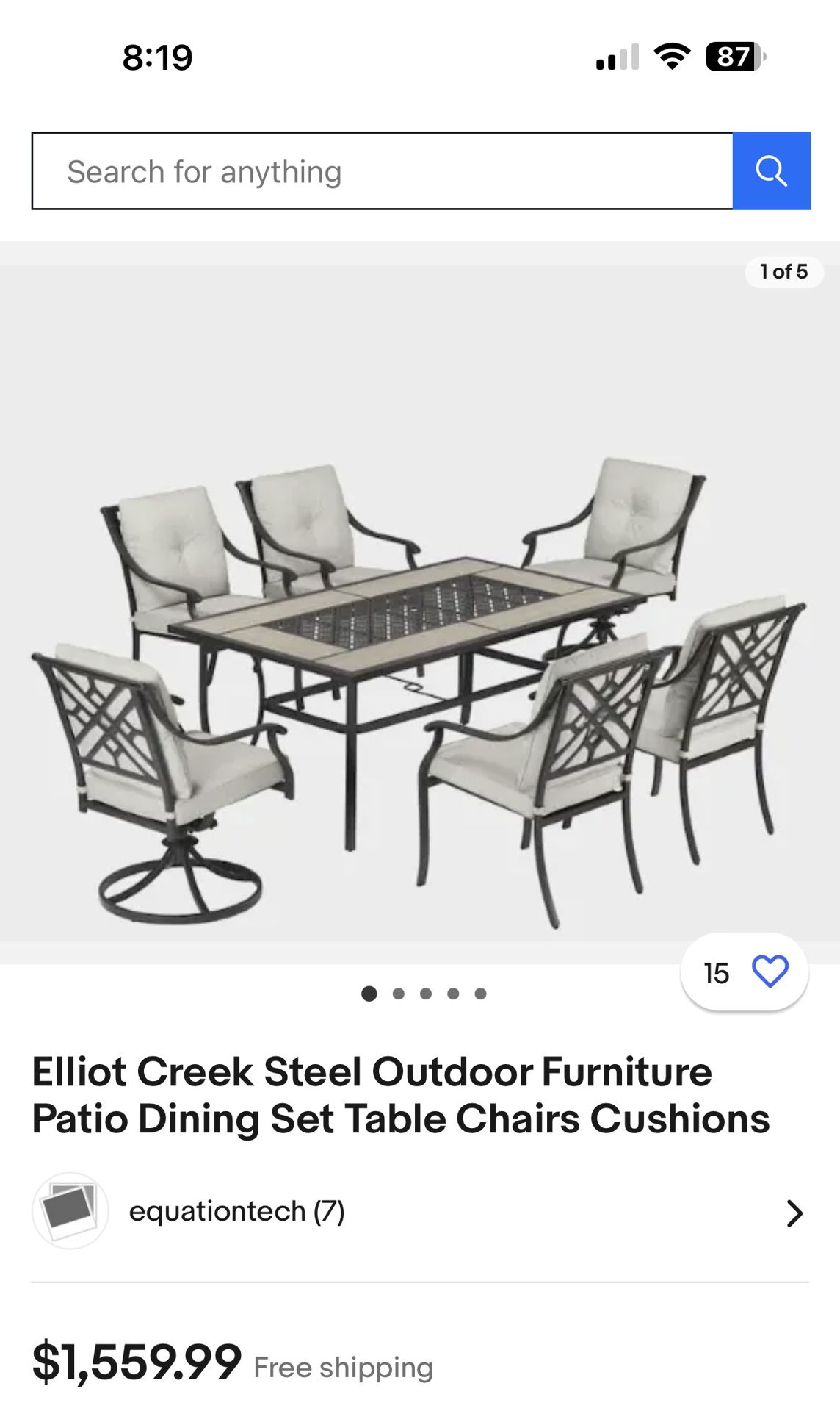 Elliot Creek Steel Outdoor Furniture Patio Dining Set Table Chairs Cushions