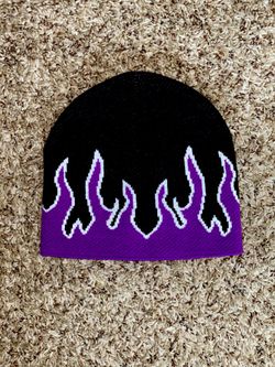 Vintage Flames Purple & Black Fire Beanie Hat Cap Streetwear Unisex
