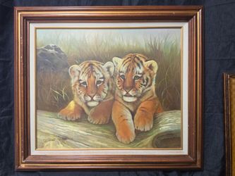 Framed Tiger Cubs Oil Painting