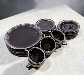 Vintage Mid-Century Japan Brown Drip Glaze Dish Set - 30 Pcs