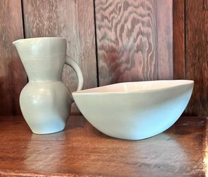 Ceramic Bowl & Pitcher Set in Mint Green & Cream - A. Mallory Americaware USA