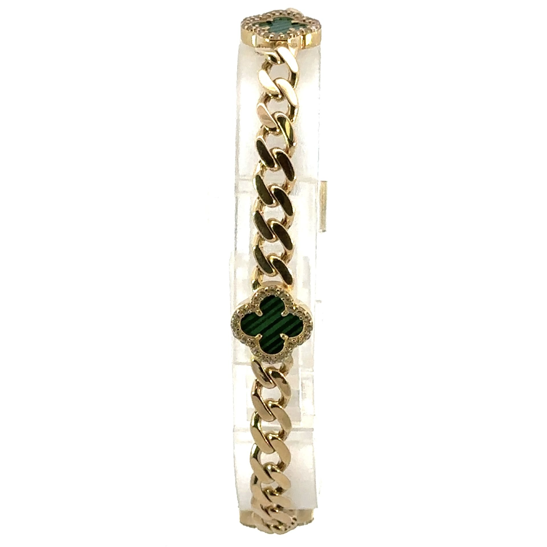 Woman’s Ladies 10k Yellow Gold CZ Green Clover Cuban Chain Bracelet 8” Inch GP3120315
