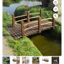 Wooden Garden Bridge Classic Wood Arch Stained Finish Footbridge with Safety Railings