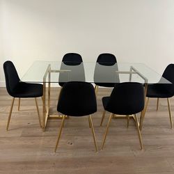 Black Gold Velvet Glass Dining Set For 6