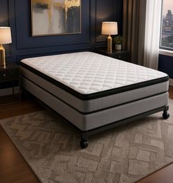 3 pc: premium JINGWEI queen mattress $75, box spring $50, metal frame $45