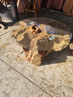 Tree Stump Base Round Glass Top Coffee Table