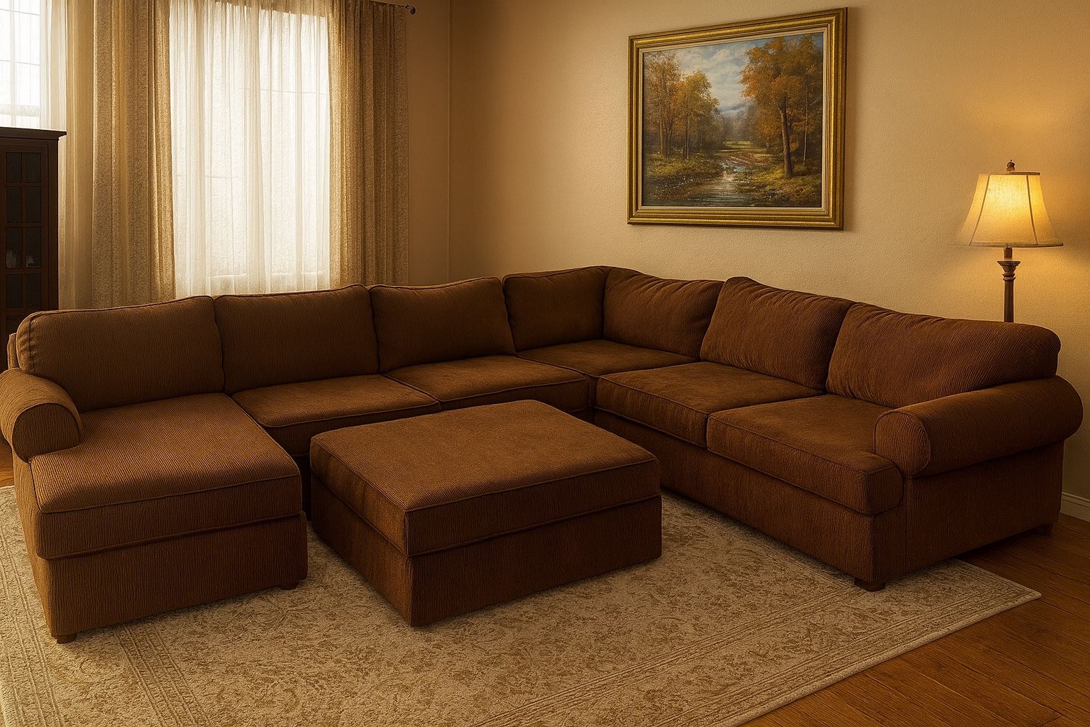Oversized Cordorouy Sectional Sofa w/ Chaise & Ottoman – Large Brown Couch Set – Deep Seats