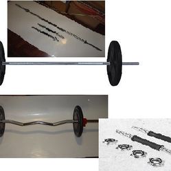 2-50lb Weight Plates 6ft Barbell E-Z Curl Bar Dumbbell Handles Collars 