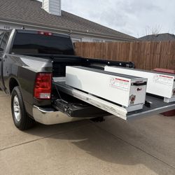 Decked sliding system with weather guard tool box