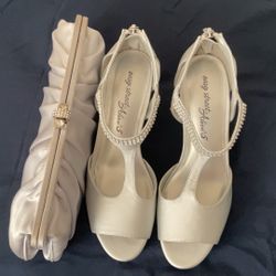 Silver Satin And Rhinestones Evening Heels With Matching Clutch Handbag