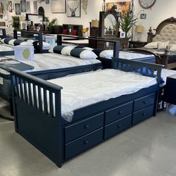 TWIN SZ “CAPTAIN” BED W TRUNDLE & 3STORAGE DRAWERS AVAILABLE IN CAPPUCCINO OR WHITHE