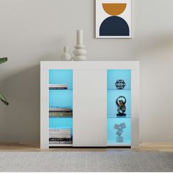 SSLine High Gloss LED Sideboard Kitchen Storage Cabinet,16 Colors Kitchen Buffet Cabinet Storage Server Table with Door and Open Storage Cubby Cupboar