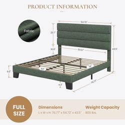 Full Platform Bed Frame with Upholstered Fabric Headboard, Mattress Foundation with Strong Wooden Slats Support, No Box Spring Needed, Green