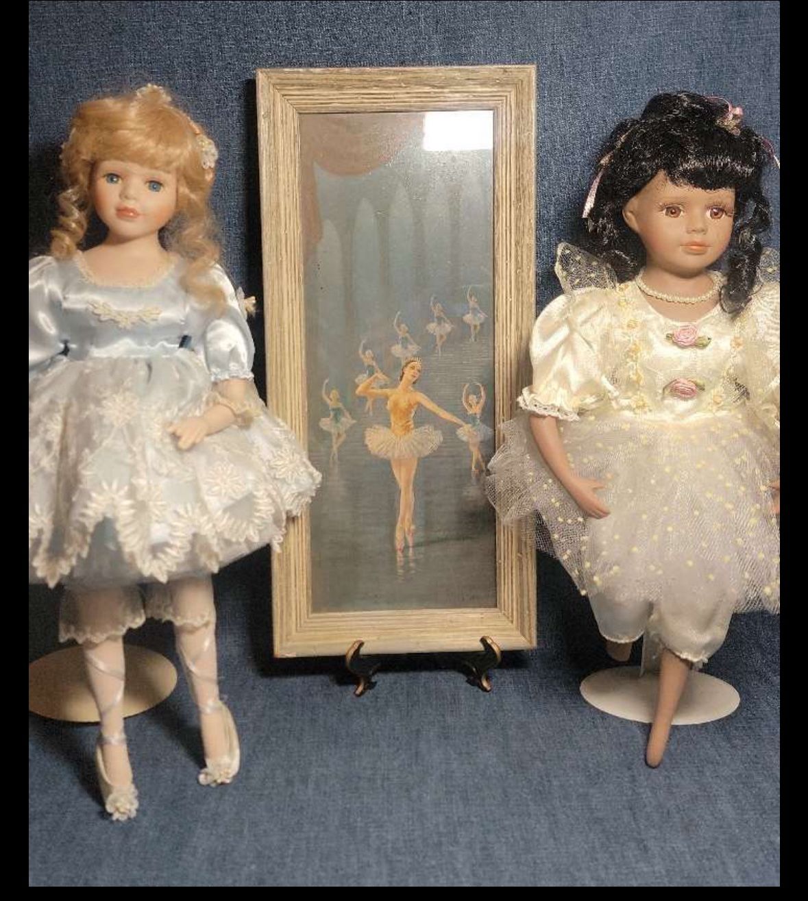 Porcelain collectible dolls with ballet theme and framed ballerina print