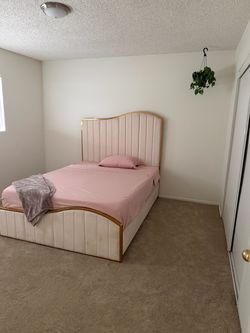 Queen Bed Frame – Cream & Gold