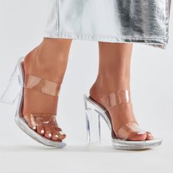 Silver Clear High Heel Platform Sandal Peep Toe Size 6 Fashion Nova Block Slide