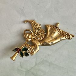 Vintage Gold-Tone Angel Brooch w/ Enamel Holly & Rhinestones