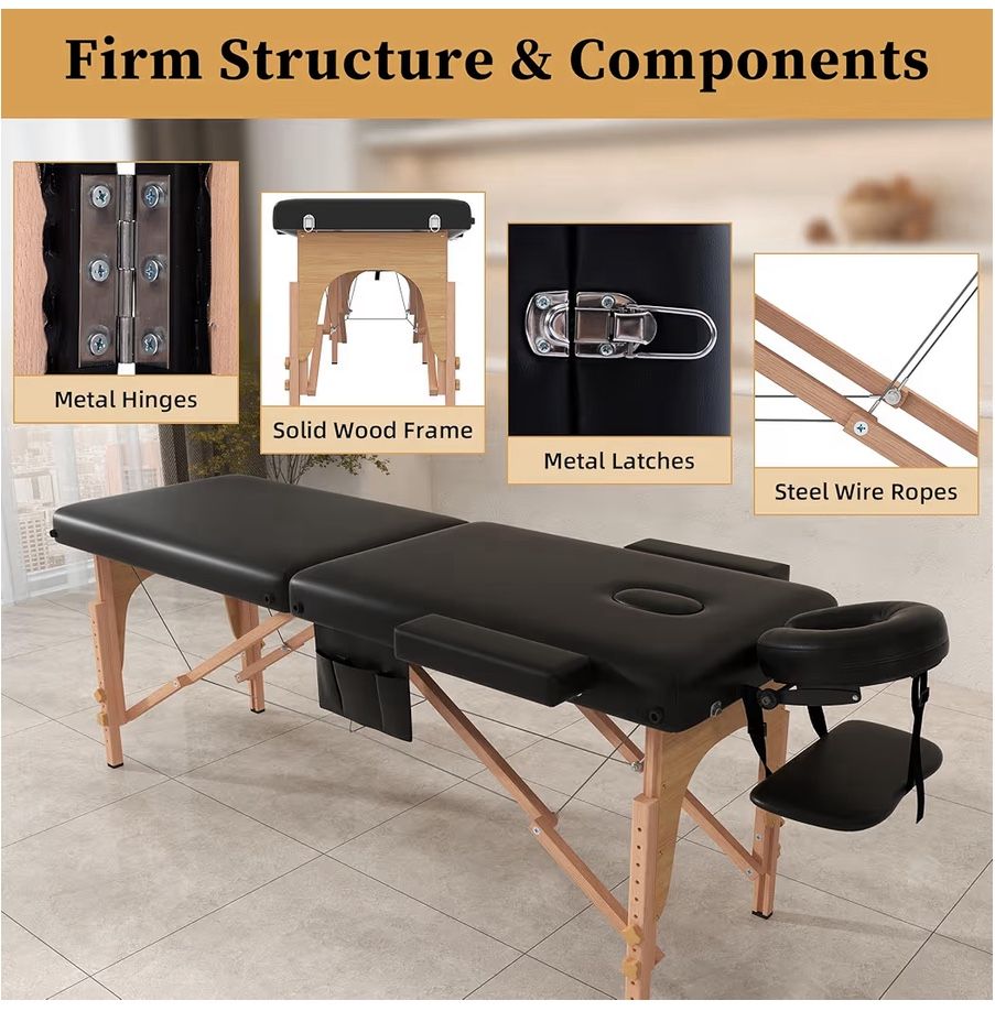 Massage Table Massage Bed Portable, 29 LBs Light Weight 2 Section Foldable Tattoo Bed Facial Care Spa Lash Bed Height Adjustable Sturdy Wooden Frame w