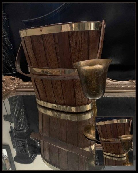 X2 VINTAGE WOOD BUCKET BASKET BRASS WINE GLASS CHALICE CUP VASE TABLE DECOR DISPLAY COLLECTABLES