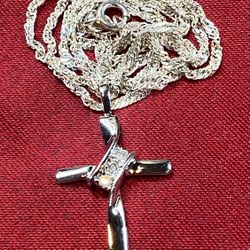 Stunning Vintage Sterling Silver Cross Necklace – 3 Diamonds – 925 Italy – 19” Chain